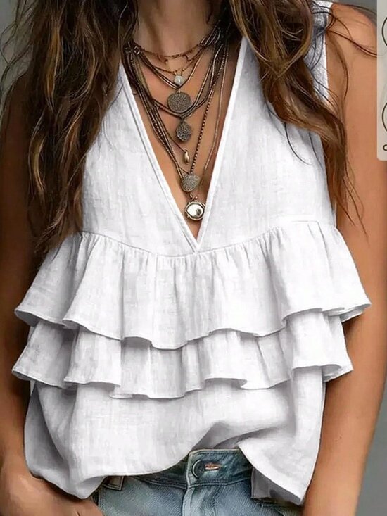 MODA ME COUTURE Tops - White Casual Women's Tank Elegant ruffled Tank Top